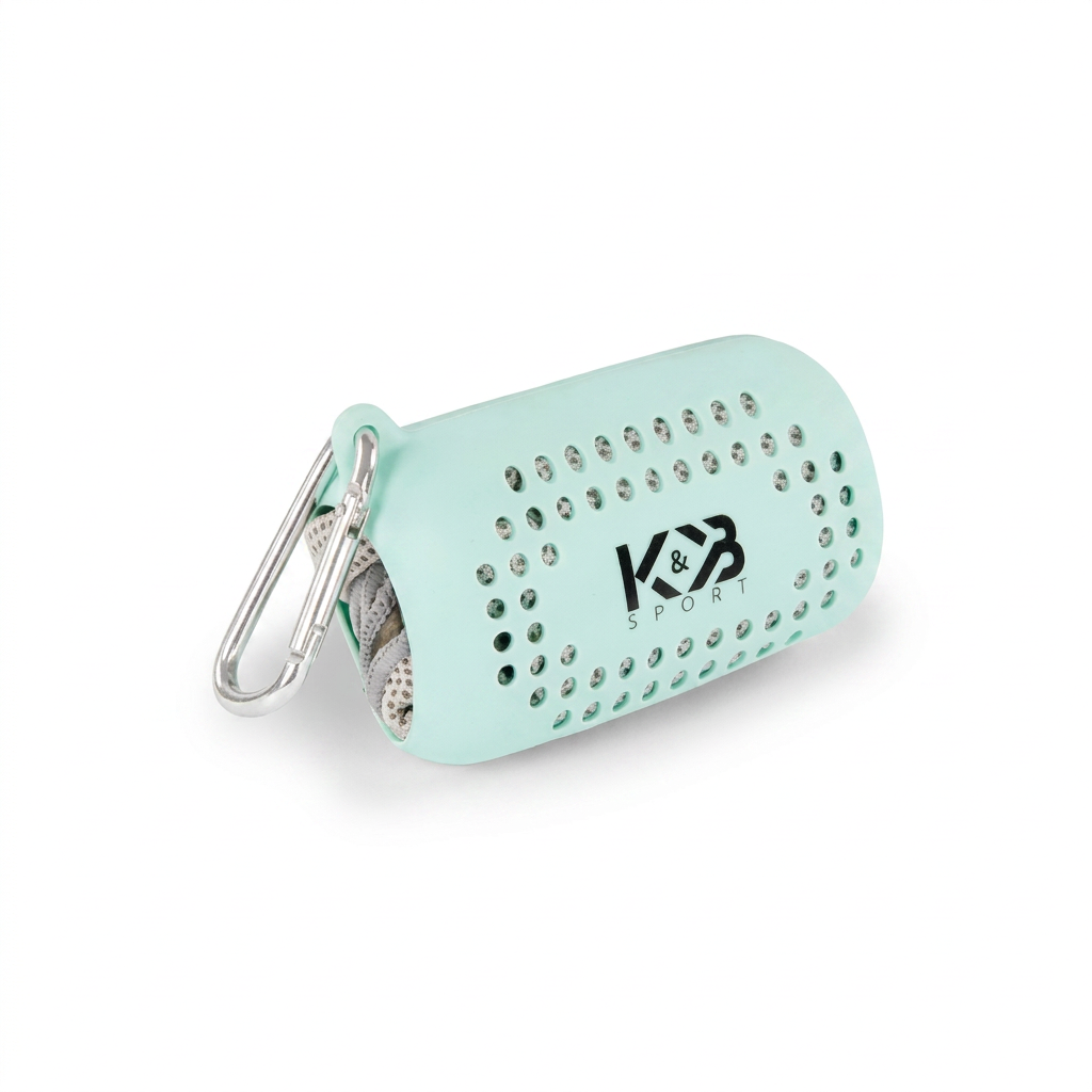 A photorealistic studio photograph of the aqua Bugatti K&B Sport quick-drying towel in its silicone case with a carabiner clip, centered on a pure white background.