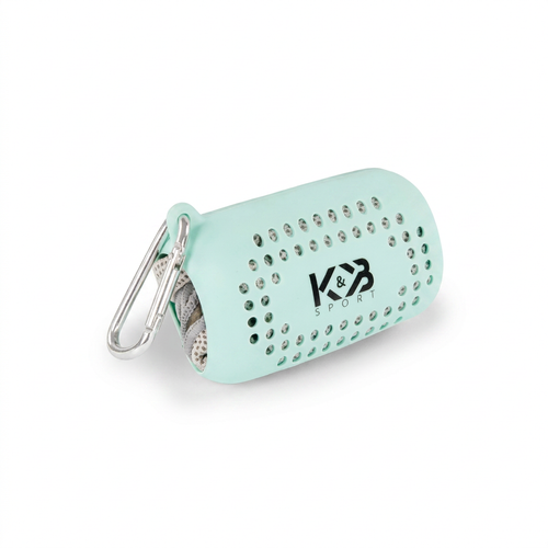 A photorealistic studio photograph of the aqua Bugatti K&B Sport quick-drying towel in its silicone case with a carabiner clip, centered on a pure white background.