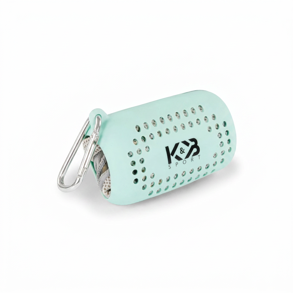A photorealistic studio shot of the aqua Bugatti K&B Sport Quick Drying Towel in its perforated case, angled to show the logo and carabiner on a white background.