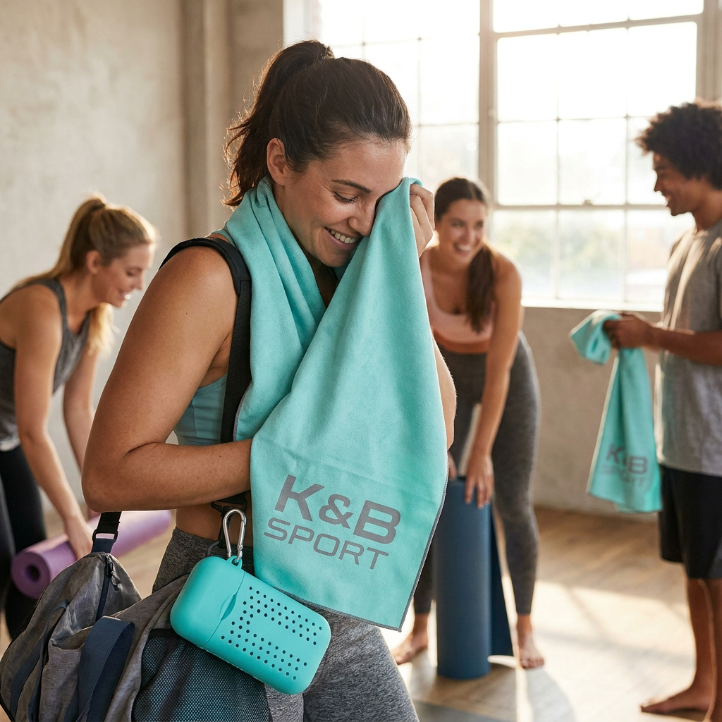A woman dries her face with the aqua Bugatti K&B Sport quick-drying towel, its case clipped to her gym bag, while her friends in the bright yoga studio also hold the same towel.