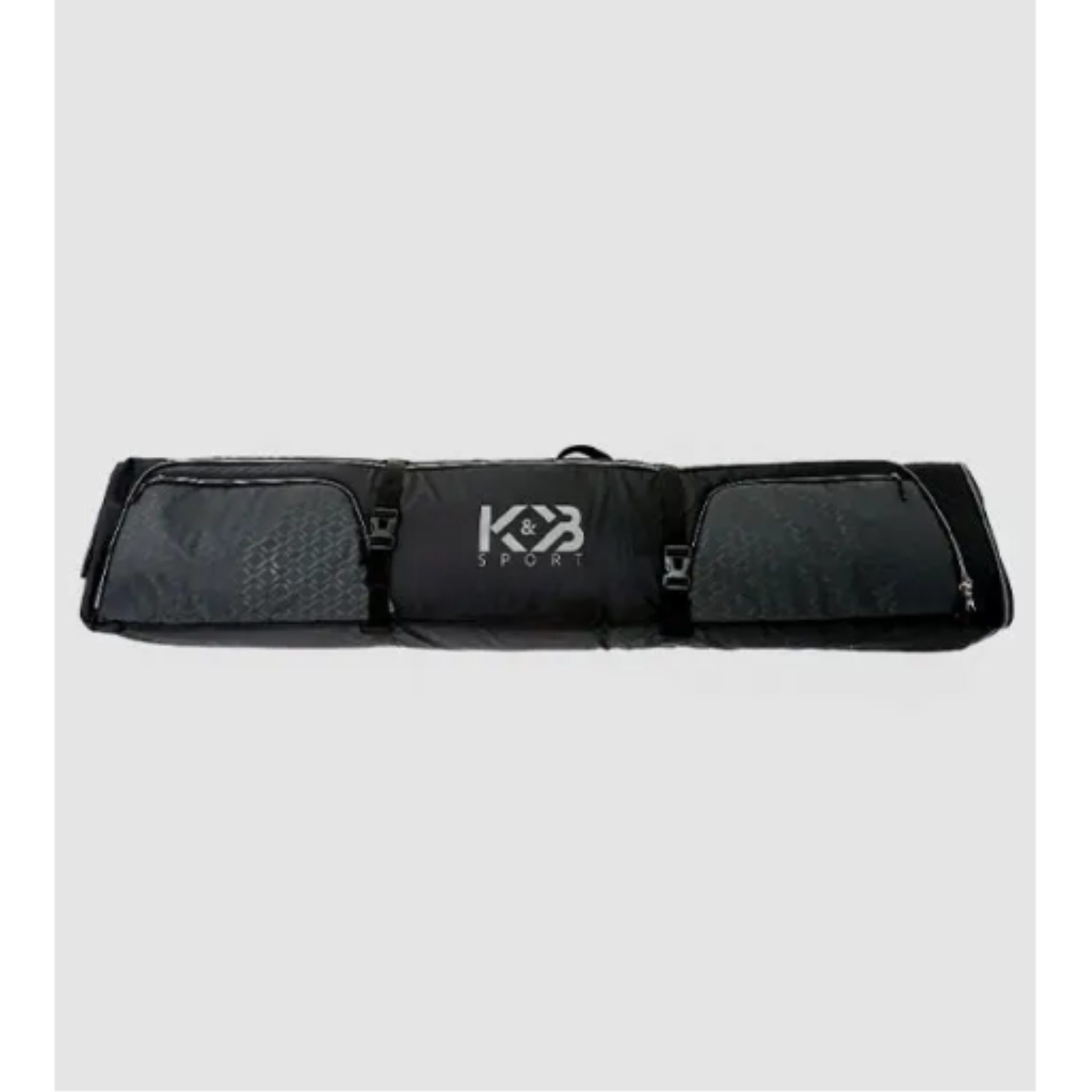 Black and grey K&B Sport double wheeled ski bag with compression straps and padded travel case.
