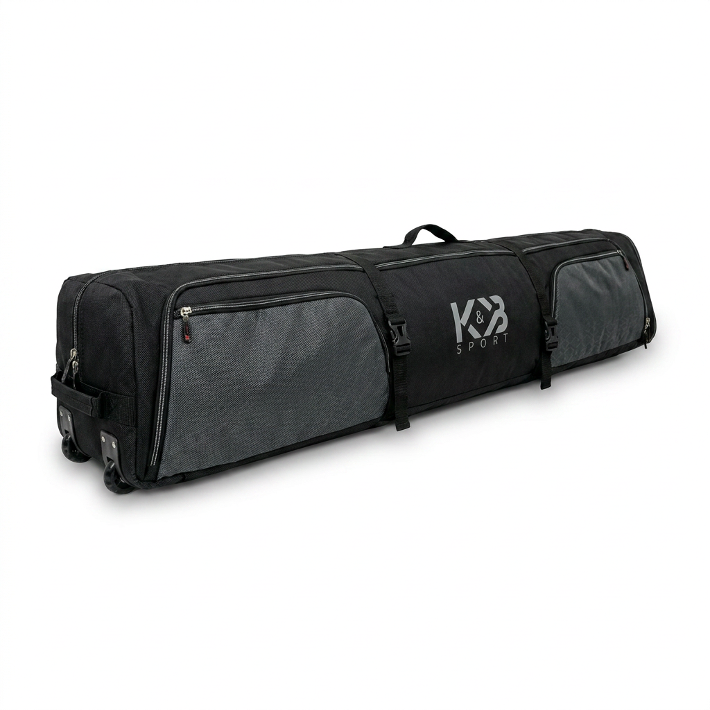 Photorealistic studio shot of the Bugatti K&B Sport double ski bag with wheels, angled to show the left side on a white background.