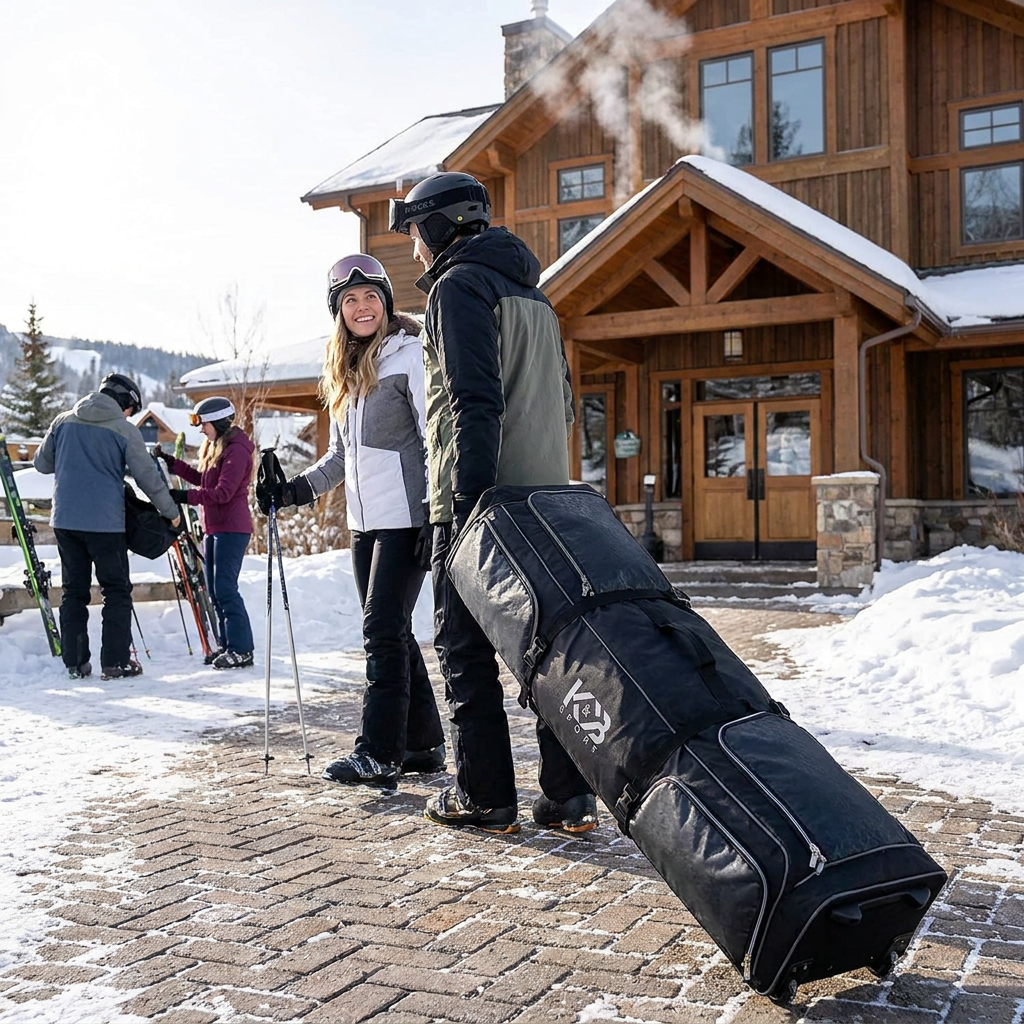 A lifestyle photograph shows a couple arriving at a ski resort, with the man pulling the black Bugatti K&B Sport double ski bag with wheels.