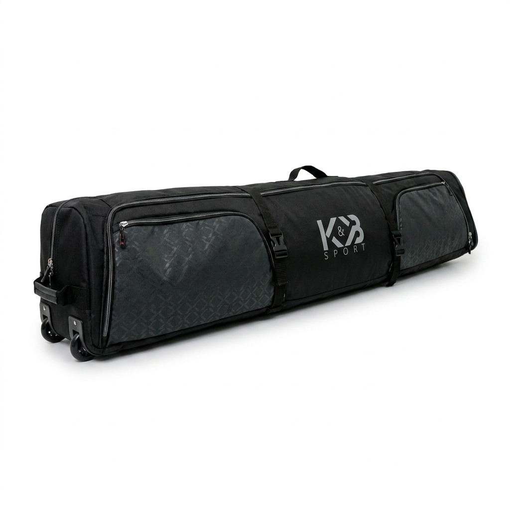 A photorealistic studio shot of the Bugatti K&B Sport double ski bag with wheels, angled to the right on a pure white background with a soft shadow.