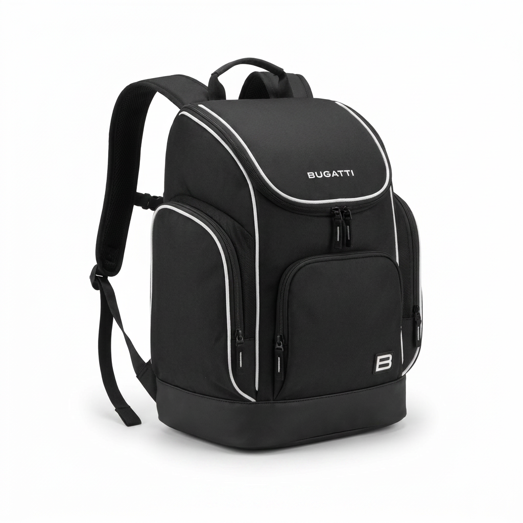 A photorealistic studio photograph of the Bugatti K&B Sport Junior Ski Boot Backpack, angled to show the left side. The black bag with white piping is on a pure white background with a soft shadow.