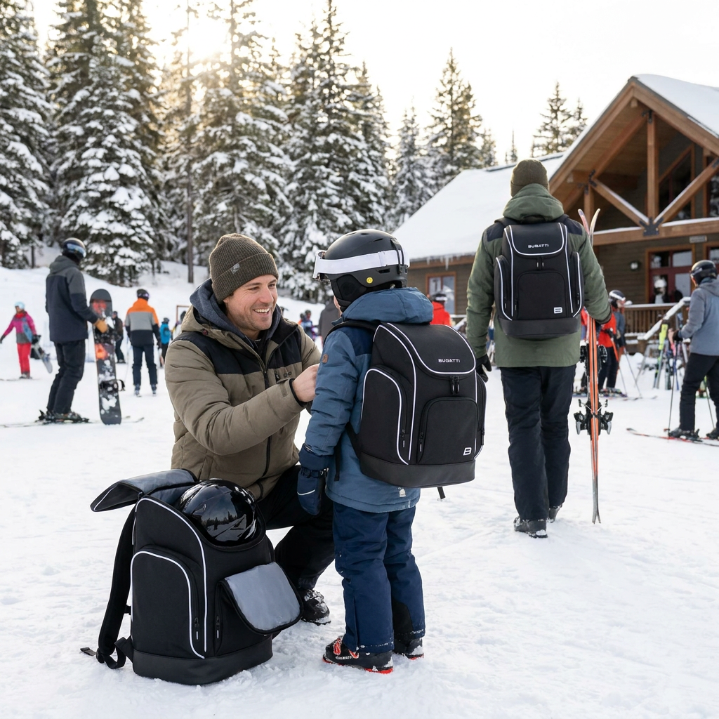 A family with two children at a ski resort, using the black and white Bugatti ski boot backpacks.
