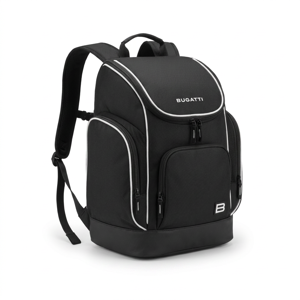 A photorealistic studio product photo of the Bugatti K&B Sport Junior Ski Boot Backpack in black with white trim, angled to show the right side.