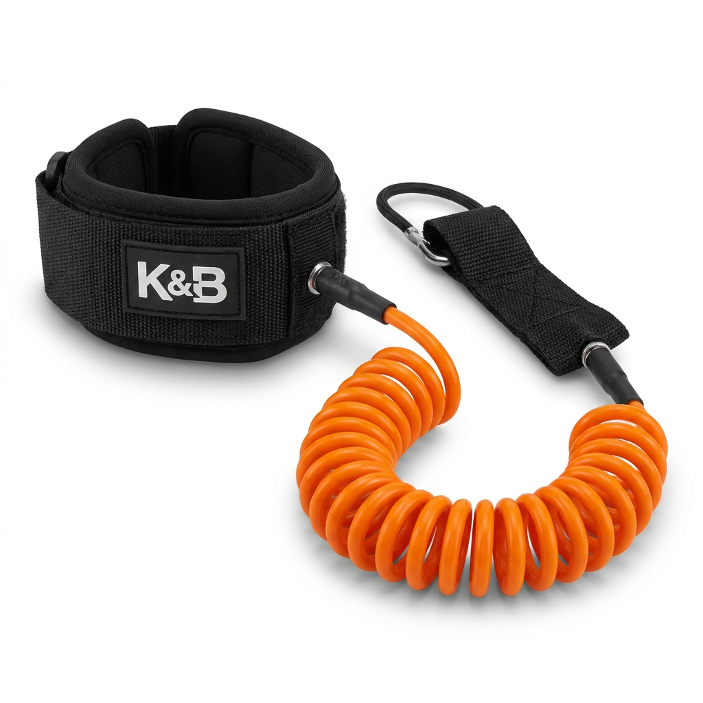 A photorealistic studio product shot of the K&B Coiled Paddle Foot Leash on a white background, showing the black ankle cuff with K&B logo and orange coiled cord.