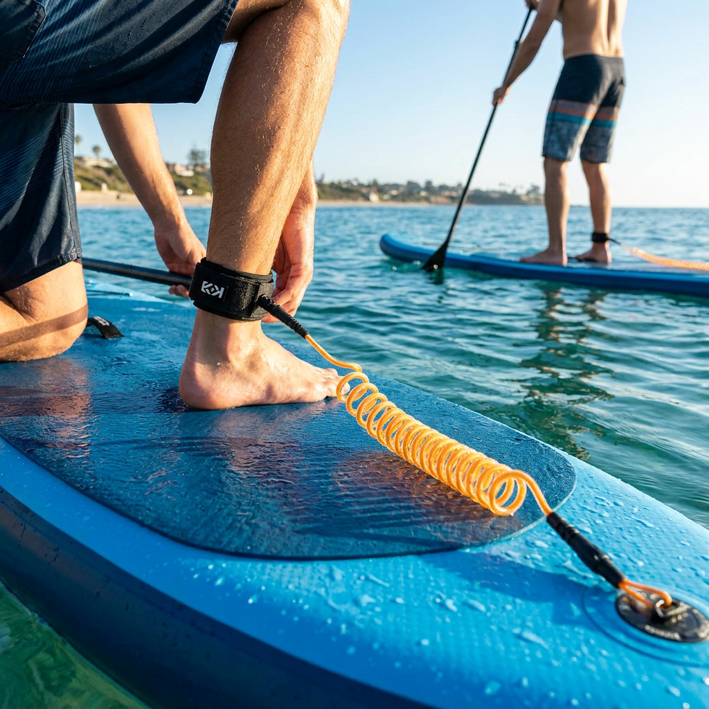 A man secures the orange Bugatti K&B Sport coiled leash to his ankle while kneeling on a blue paddleboard in the ocean. Natural light illuminates the active scene.