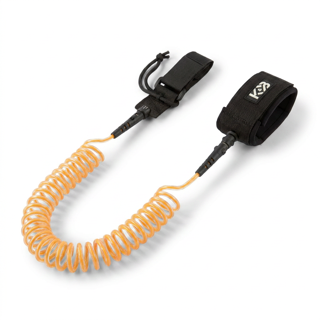 A photorealistic shot of the orange and black coiled paddle leash, angled to show the cuff and coil.