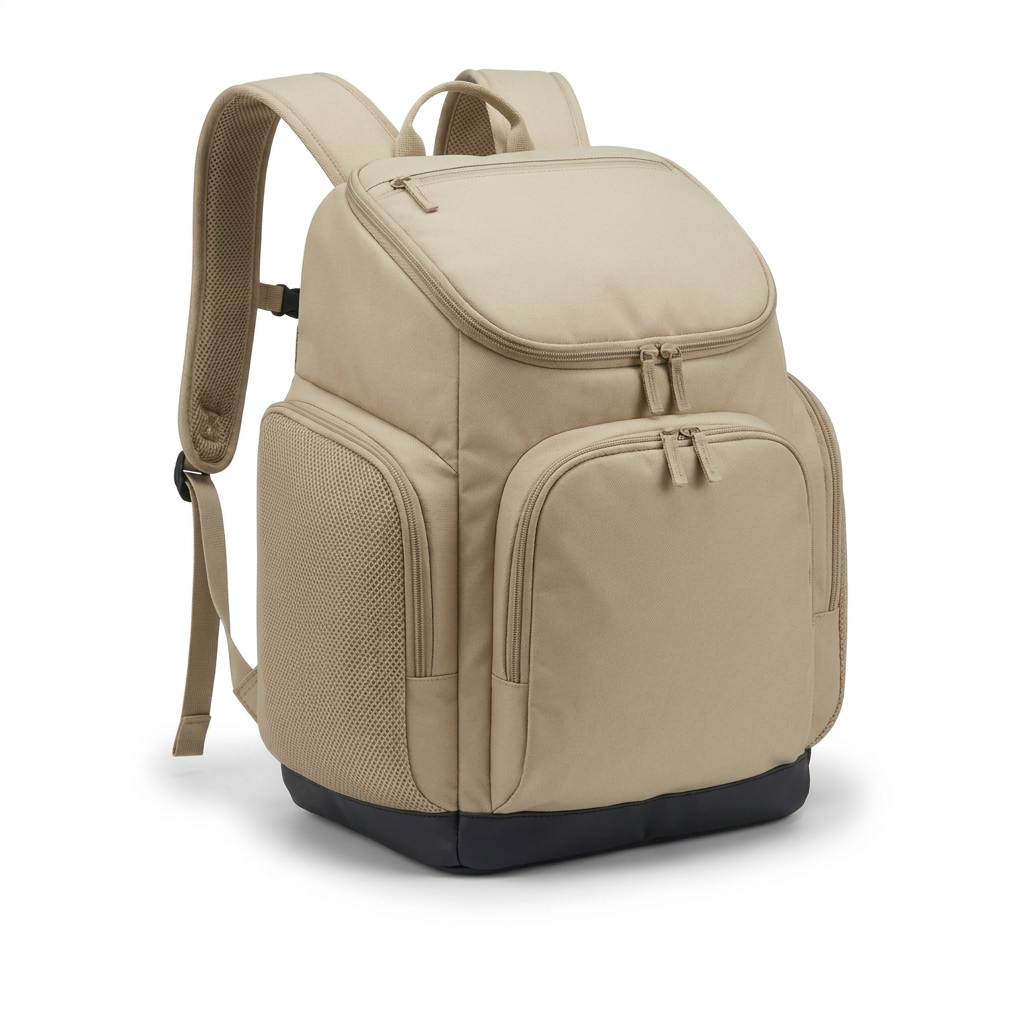A photorealistic studio photograph of the sand-colored Bugatti K&B Sport Panorama Boot Backpack, angled to show the left side with its mesh pocket, centered on a pure white background with a soft shadow.