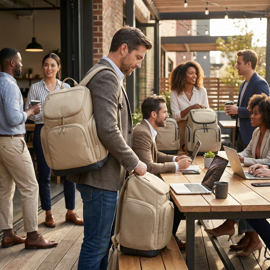 A professional man places his sand-colored Bugatti K&B Sport Panorama Boot Backpack on a wooden bench at a bustling outdoor patio office, with several other people and backpacks in the background.