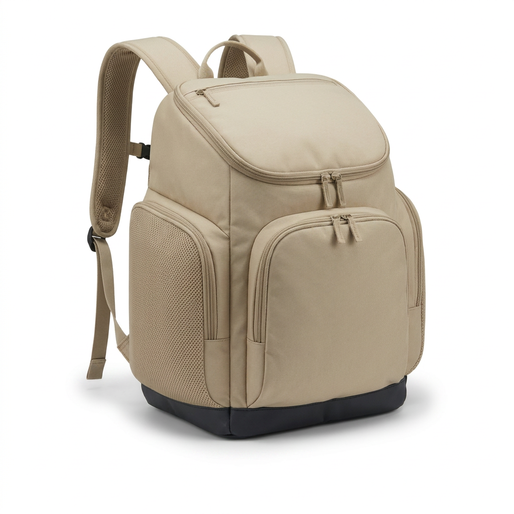 A photorealistic studio product photo of the Bugatti K&B Sport Panorama Boot Backpack in Sand, shown from the right side on a pure white background with a soft shadow.
