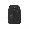 Front view of the black K&B Sport Peak 72L Ski Boot Backpack with orange zipper pulls.