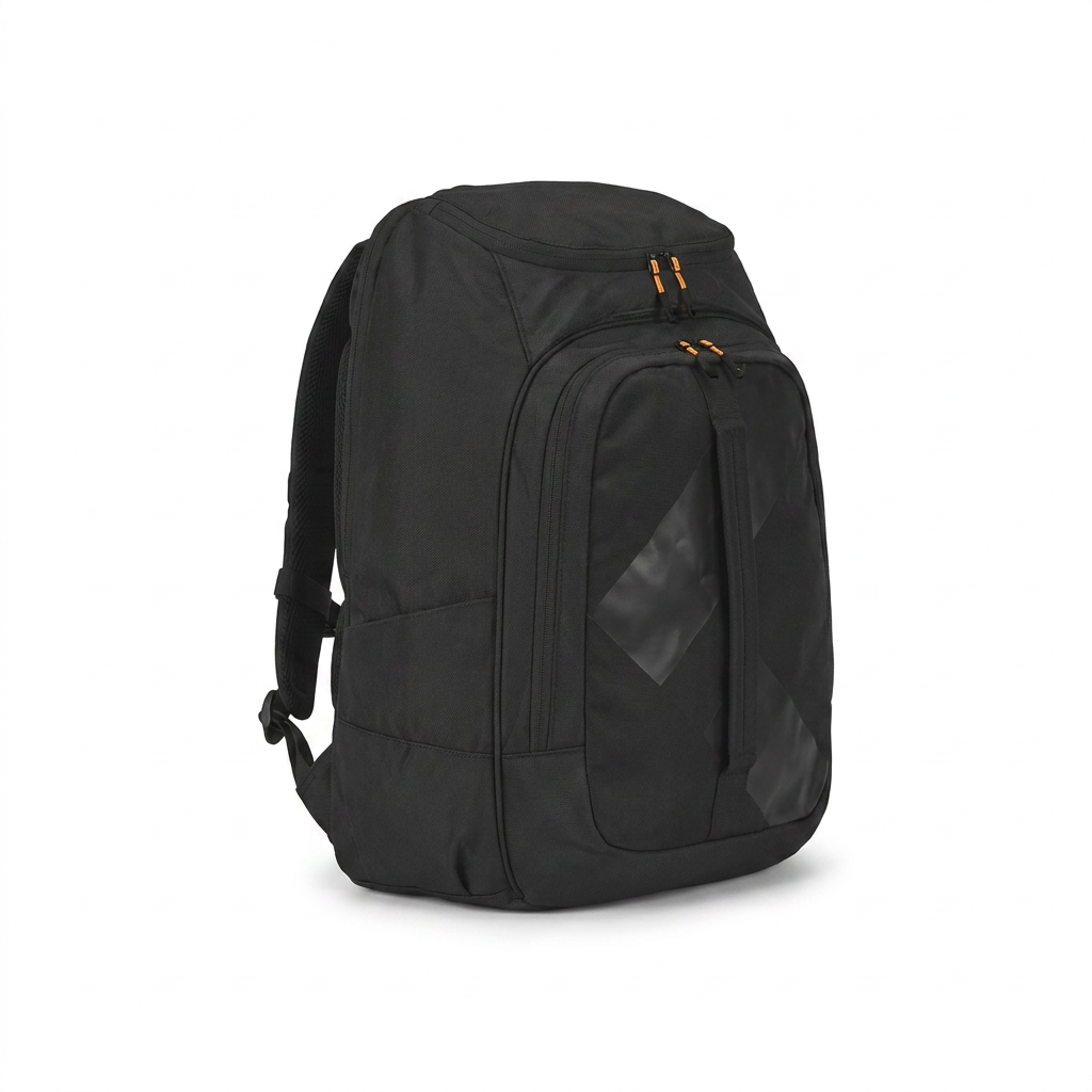 A studio photograph of the black Bugatti K&B Sport Peak Boot Backpack, angled to show the left side, centered on a pure white background with a soft natural shadow.