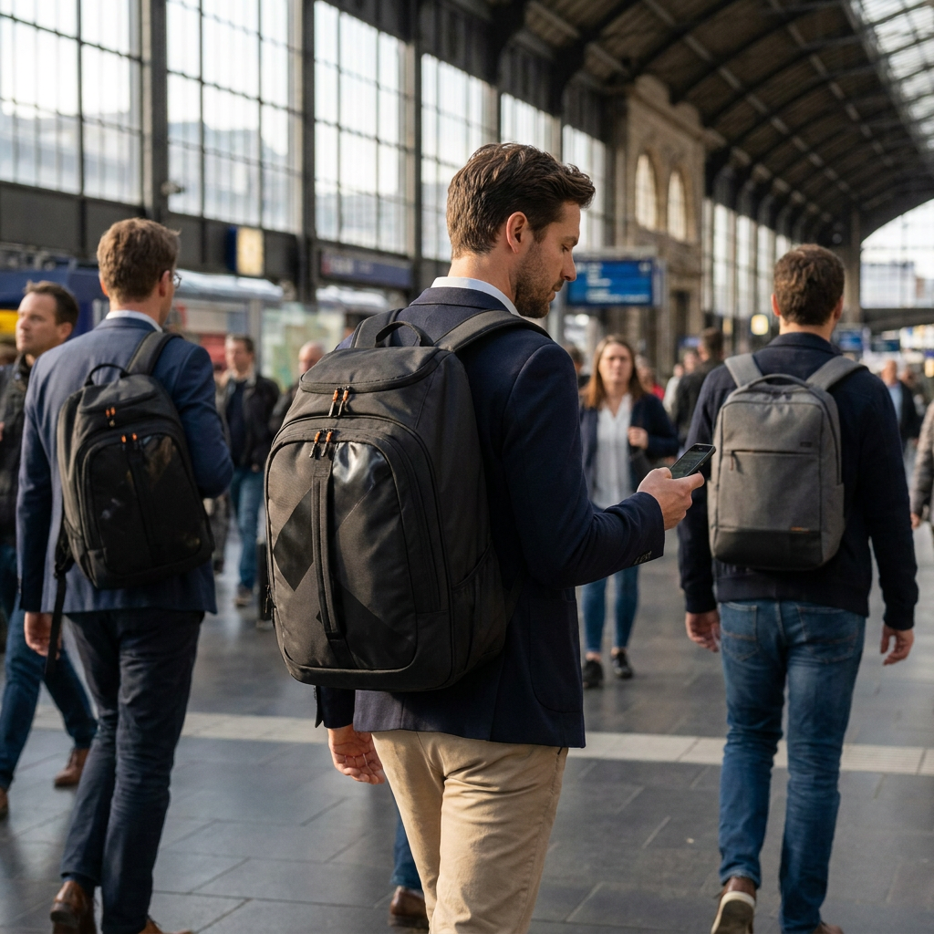 A photorealistic lifestyle photograph showing a man in a busy train station wearing the Bugatti K&B Sport Peak Boot Backpack. He wears a suit jacket and checks his phone. Another man in the background also wears the same backpack, implying its popularity. The scene is captured with natural daylight.
