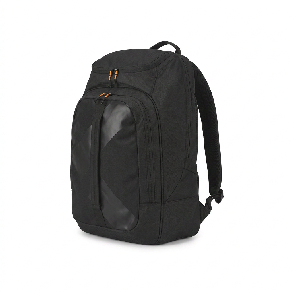 A photorealistic studio photograph of the black Bugatti K&B Sport Peak Boot Backpack, angled to show its right side, centered on a pure white background with a soft shadow.