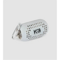Grey K&B Sport microfiber towel packed in its perforated white silicone carrying case with carabiner.