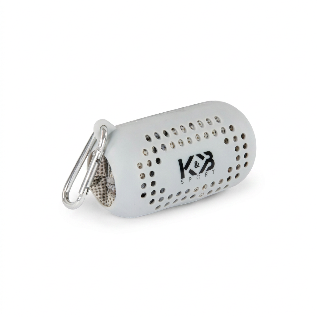 A studio photo of the grey Bugatti K&B Sport quick-drying towel in its silicone holder with a carabiner, angled right on a white background.
