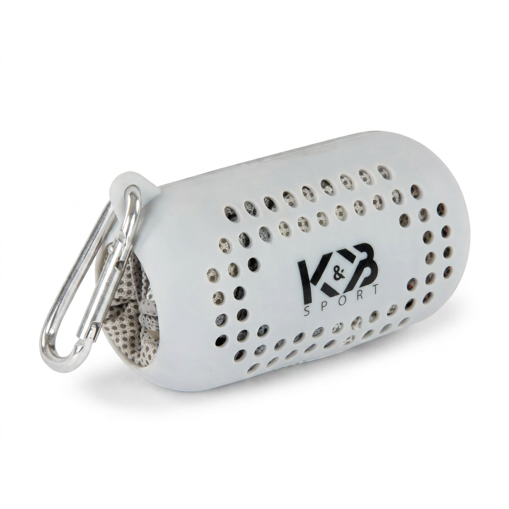 A studio product photograph of the Bugatti K&B Sport grey quick-drying towel in its white perforated case with a silver carabiner, centered on a pure white background with a soft shadow.