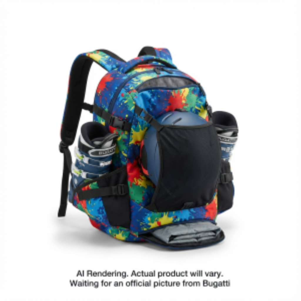 Junior Tremblant ski boot backpack with vibrant paint splatter design holding a helmet and boots.