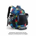 Junior Tremblant ski boot backpack with vibrant paint splatter design holding a helmet and boots.