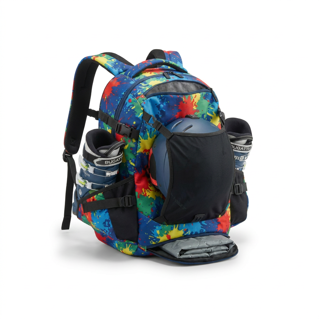 A photorealistic studio product photo of the multi-color splatter collection Bugatti K&B Sport Junior Tremblant Boot Backpack, showing the right side with a ski boot, helmet, and folded mat, centered on a pure white background with a soft shadow.