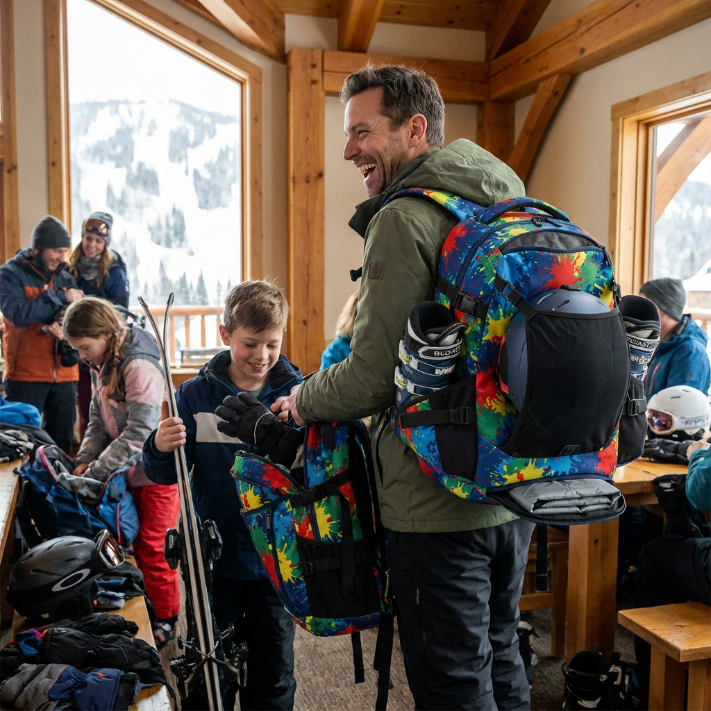A father and his young son smile while inside a ski lodge, both holding their ski gear and wearing the Bugatti Sport Junior Tremblant Boot Backpack.