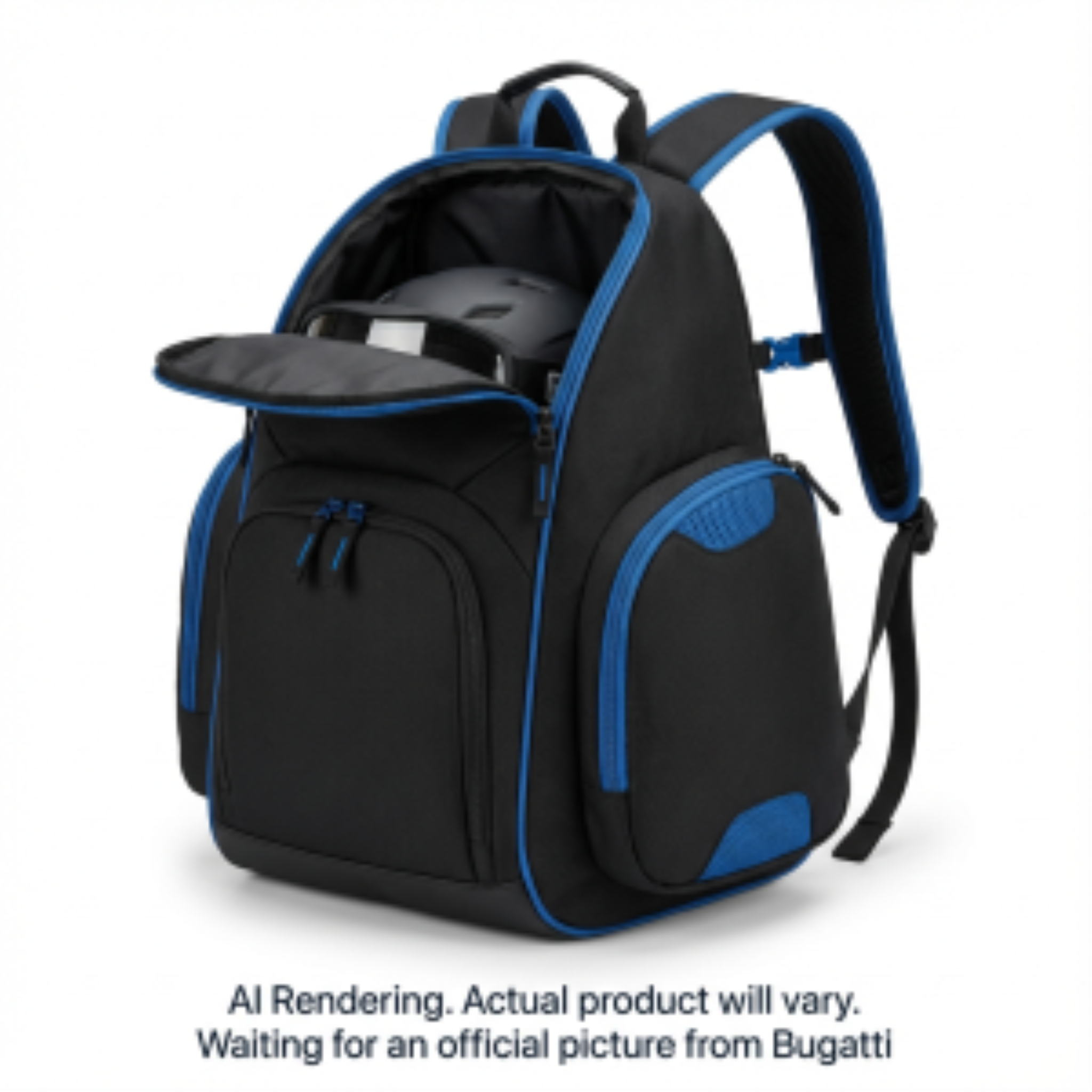 Black and blue 38L junior ski boot backpack with an open top compartment showing a helmet inside.