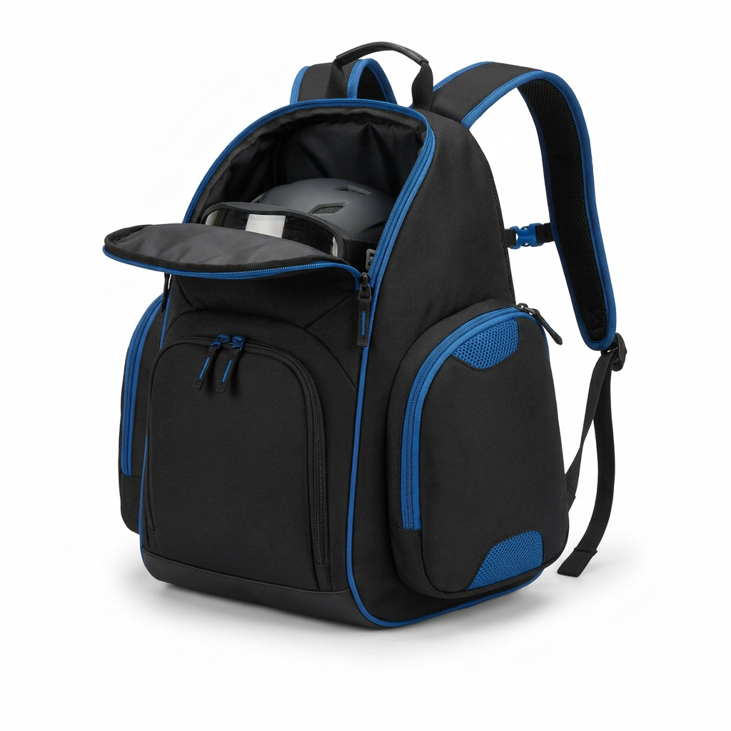 Bugatti K&B Sport Junior Ski Boot Backpack in black with blue trim, shown from the left side on a white background.
