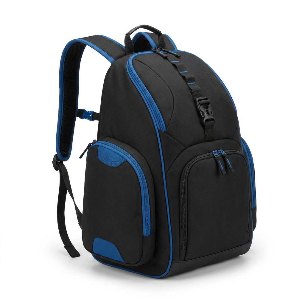 A photorealistic studio product photo of the Bugatti K&B Sport Junior Ski Boot Backpack in black with blue accents, angled towards the right on a pure white background.