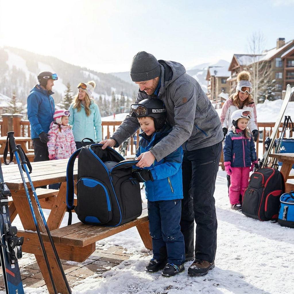 A father helps his son with the black and blue Bugatti K&B Sport Junior Ski Boot Backpack, which is open on a picnic table at a sunny ski resort.