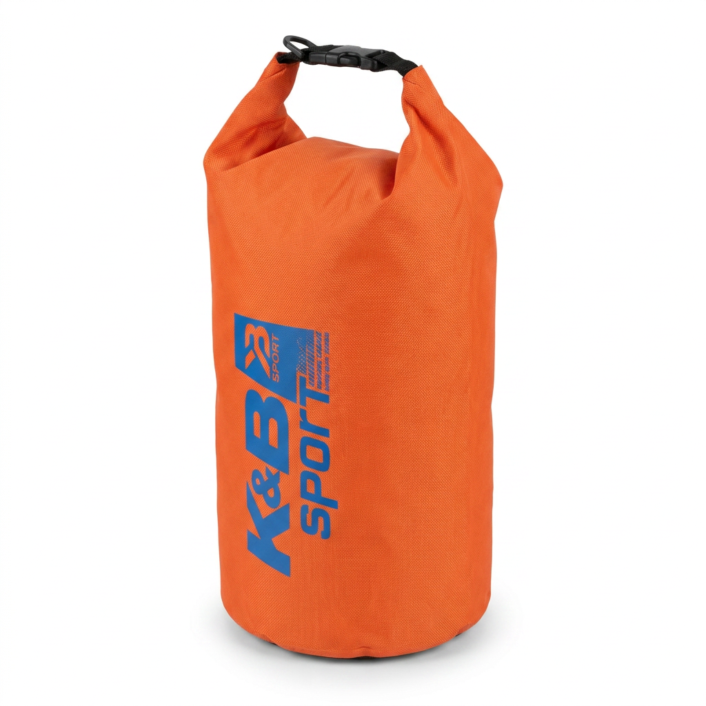 A photorealistic studio shot of the orange K&B Sport dry bag from the reference image, angled to show the blue logo and buckle against a pure white background.