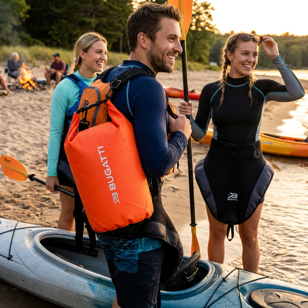 A group of happy friends poses with a bright orange Bugatti dry bag after a kayaking trip.