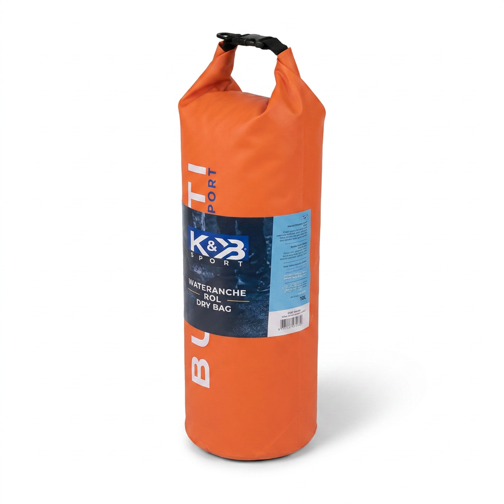 A photorealistic studio product photo of the orange Bugatti K&B Sport Nicolet Dry bag 10L, without packaging, centered on a pure white background with a soft shadow, angled to show the right side and label.