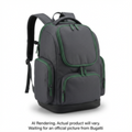 Grey and green K&B Sport Junior Ski Boot Backpack with multiple zippered compartments.