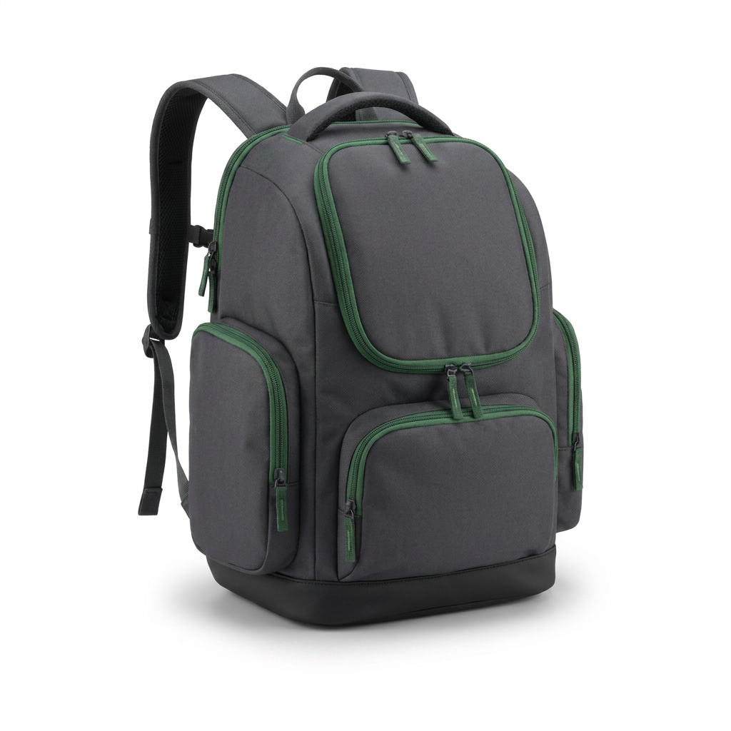A photorealistic studio product photo of the charcoal and green Bugatti K&B Sport Junior Ski Boot Backpack, centered on a pure white background with a soft natural shadow. The backpack is angled to display the front and left side pockets.