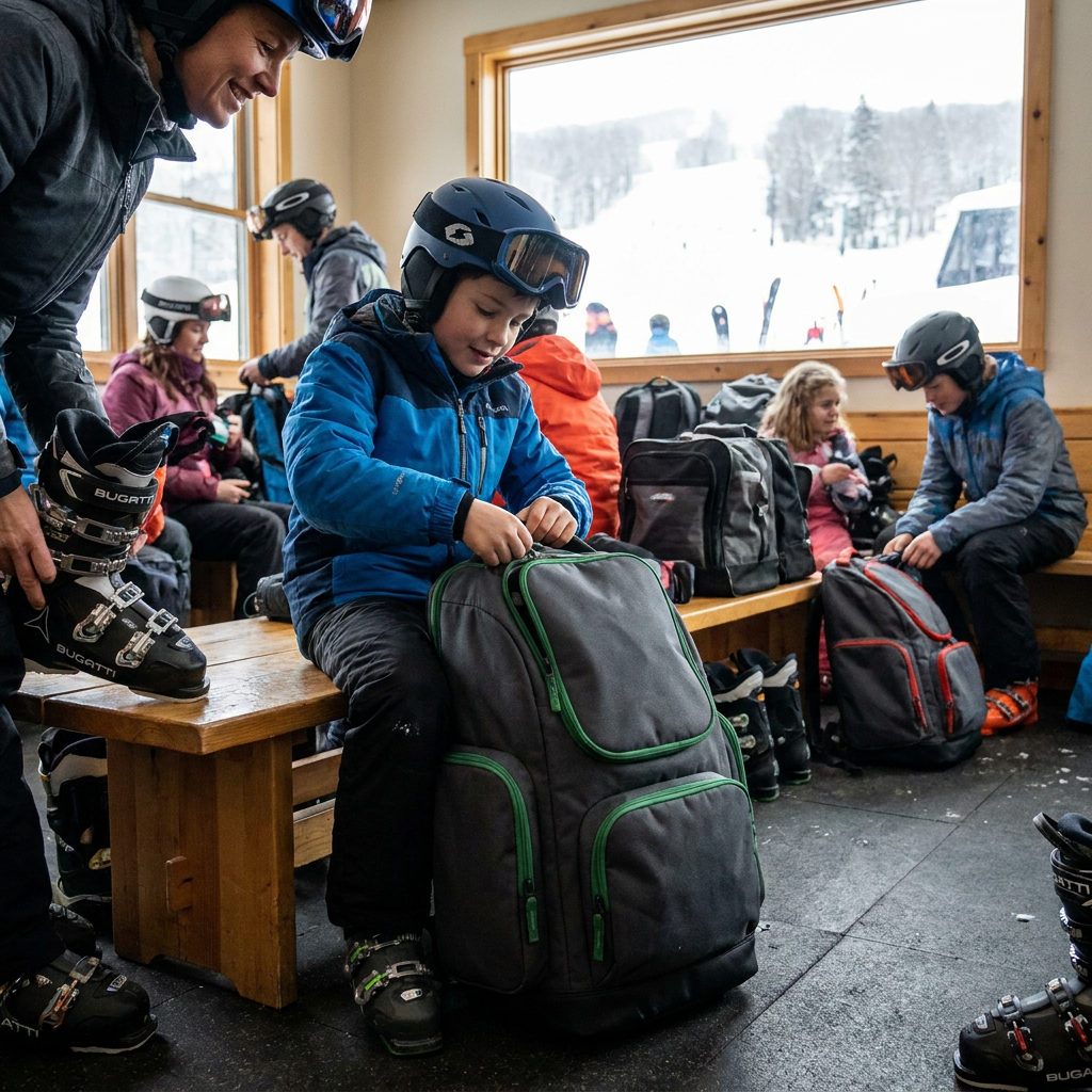 It is a lifestyle photograph of a child in a ski lodge using the charcoal and green Bugatti Junior Ski Boot Backpack to store gear.