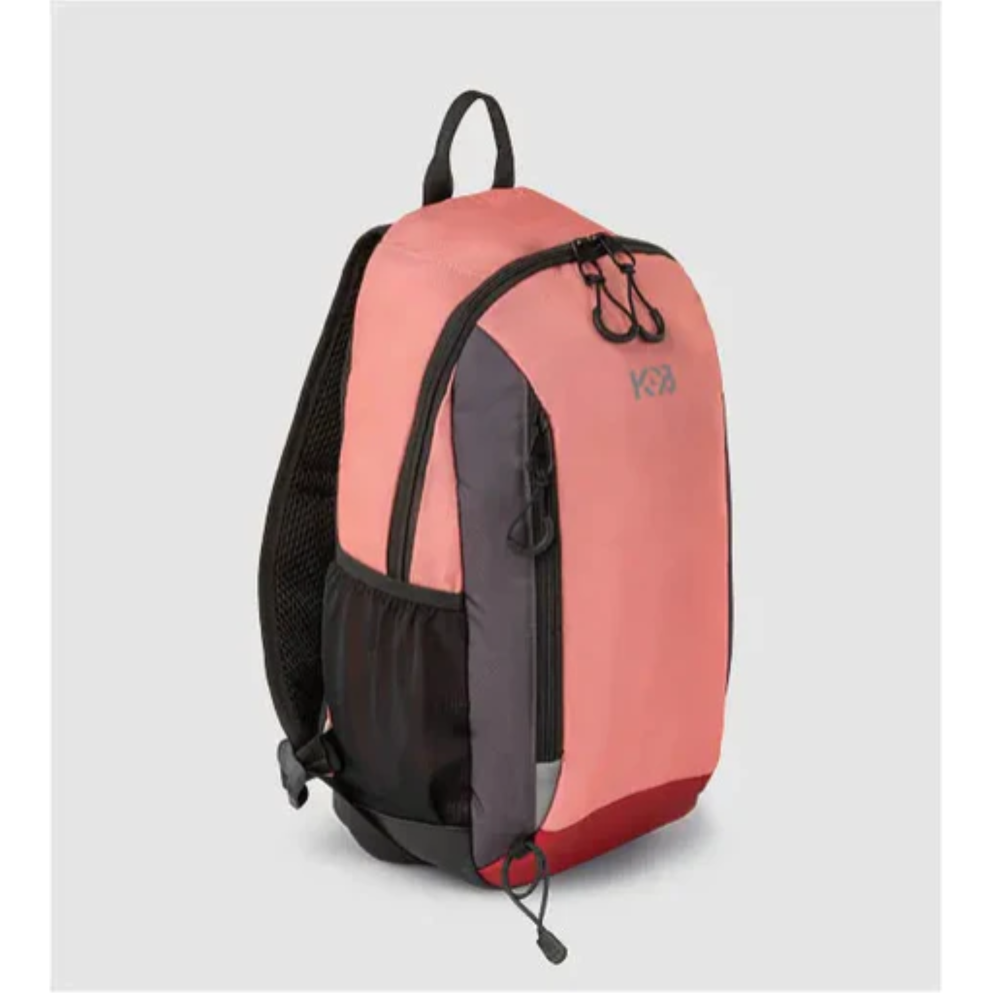A salmon-pink and grey 10L Mini Adventure Backpack with a breathable mesh back and side pocket.