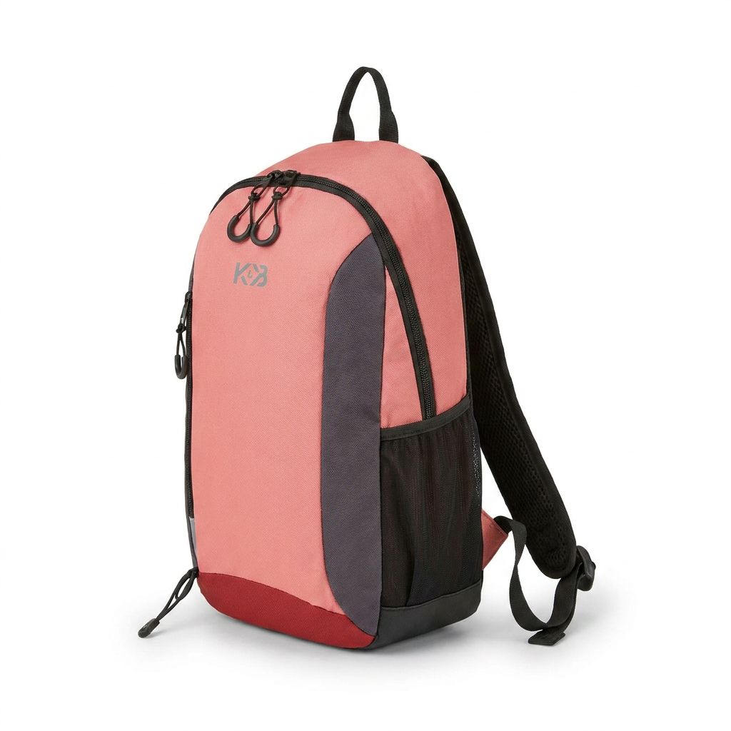 Here is a photorealistic studio photo of the pink and grey Bugatti Mini Adventure Backpack on a white background, angled to show the left side with a soft shadow.