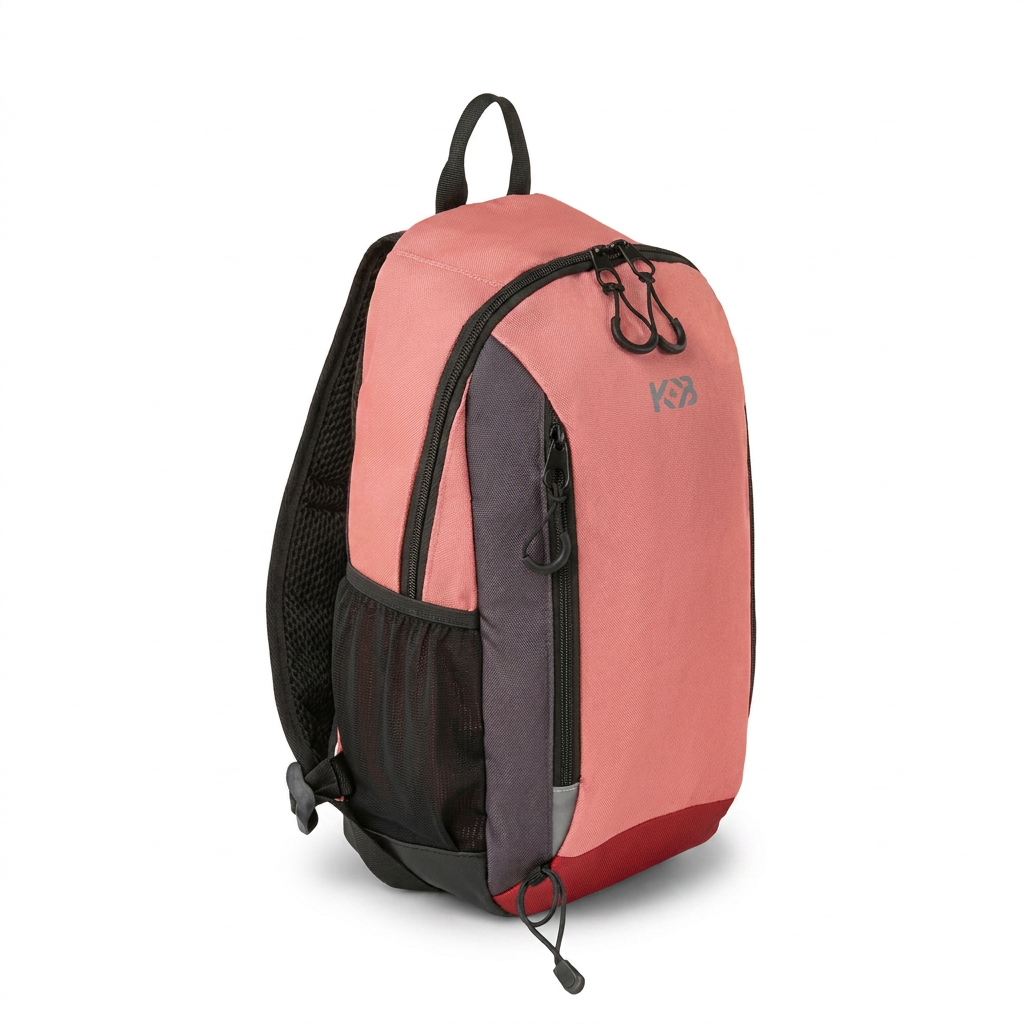 A photorealistic studio product photograph of the Bugatti K&B Sport Mini Adventure Backpack in pink, angled to show the right side on a pure white background with a soft shadow.