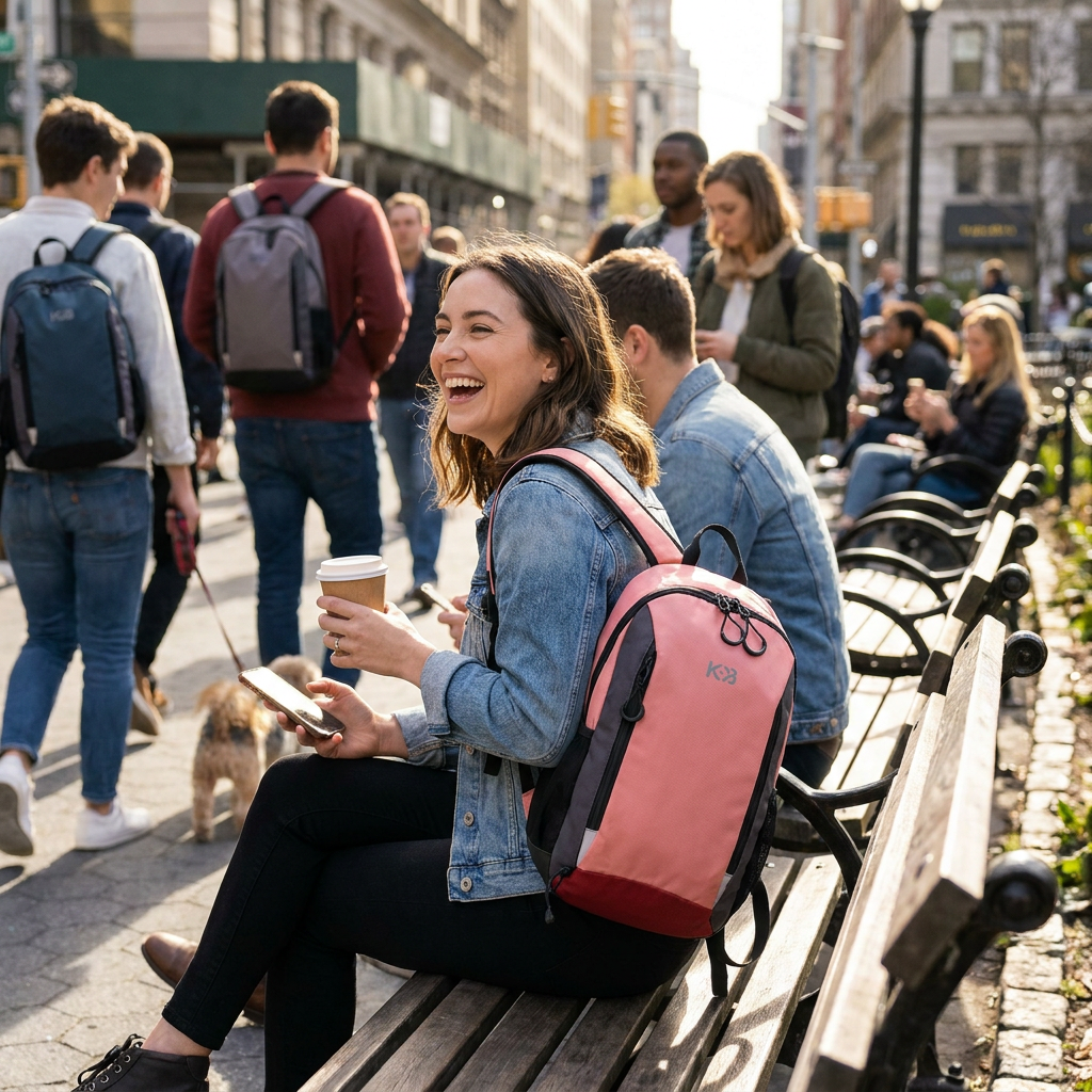 A smiling woman in a denim jacket sits on a park bench with the pink Bugatti K&B Sport Mini Adventure Backpack, holding a phone and coffee in a busy urban setting.