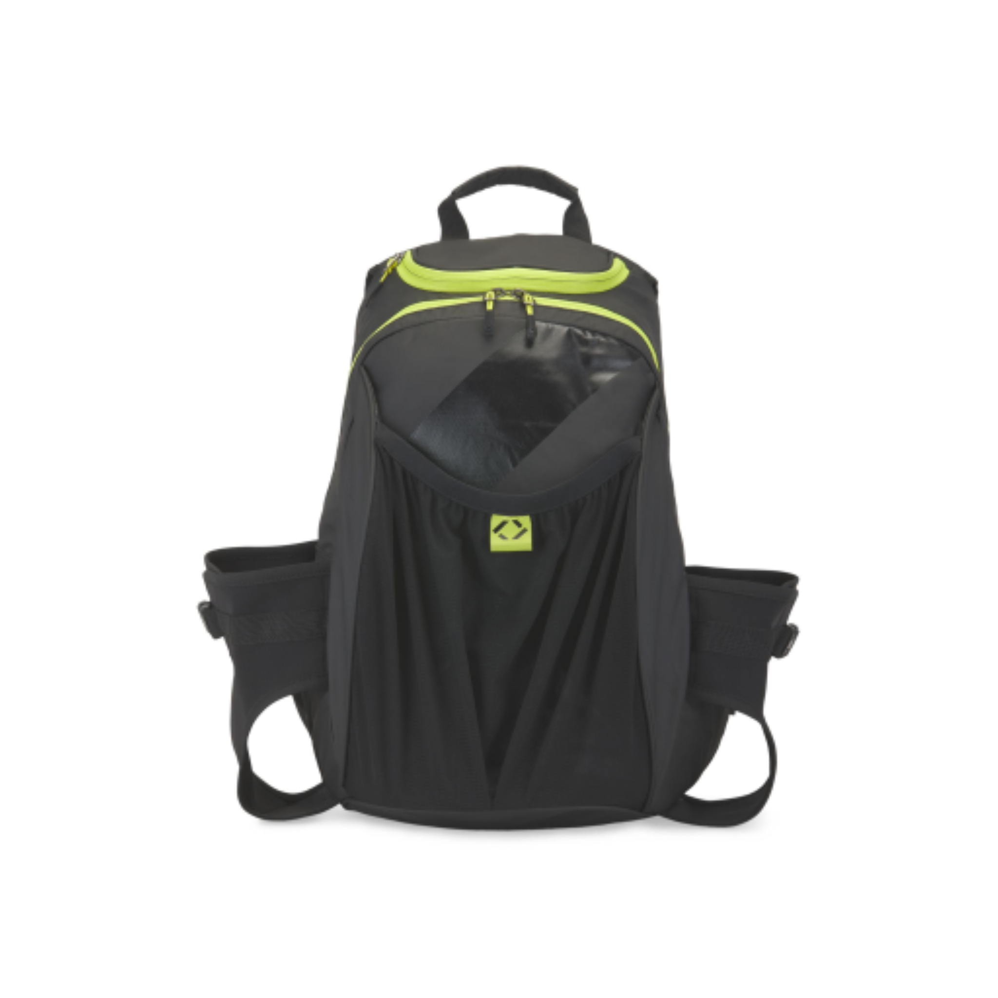 45L Tremblant water-resistant boot backpack in black with lime green accents and mesh pockets.