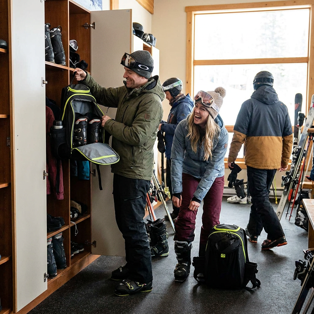 Two skiers in a busy lodge locker room using the black and lime green Bugatti boot backpack, showing its popularity and practicality.