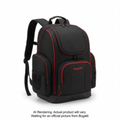 Black and red junior ski boot backpack with multiple compartments and side pockets.