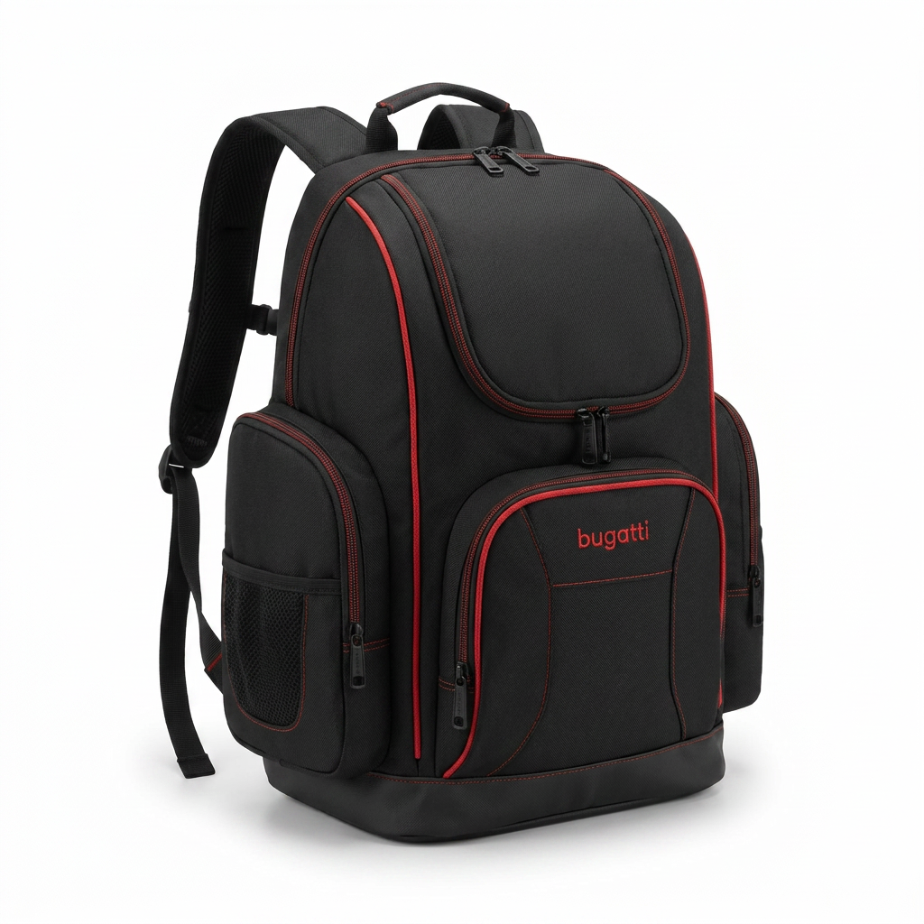 A photorealistic studio product photograph of the black and red Bugatti K&B Sport Junior Ski Boot Backpack, angled to show its left side on a white background with a soft shadow.
