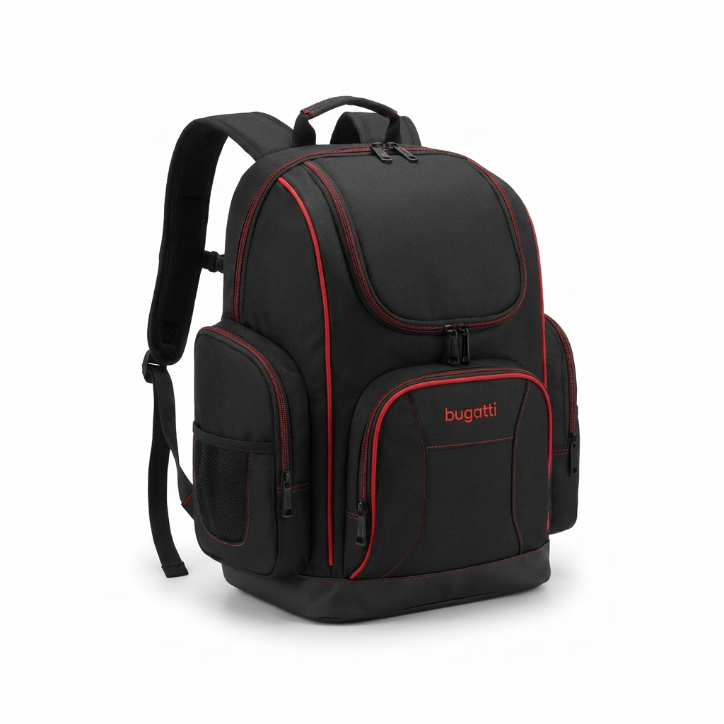 A photorealistic studio photograph of the black Bugatti K&B Sport Junior Ski Boot Backpack with red piping, angled to show its right side.