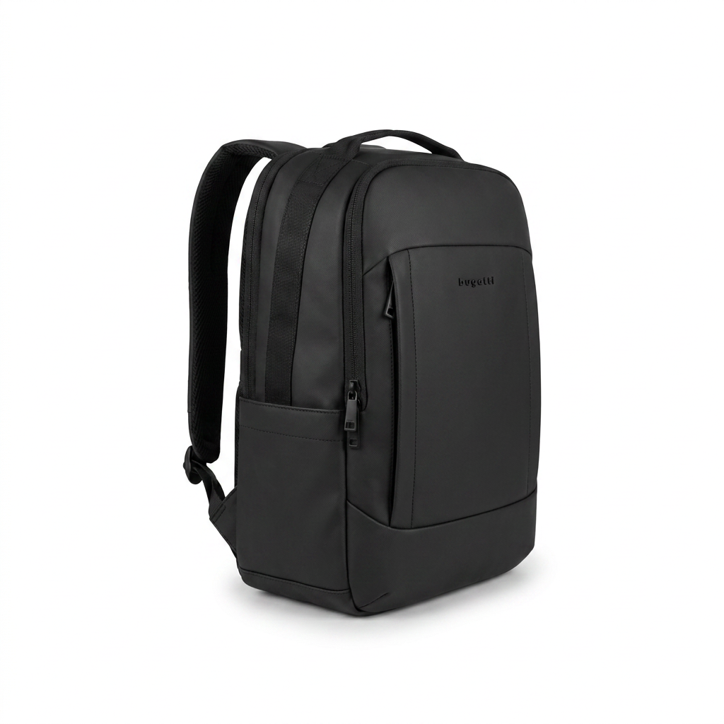 A photorealistic studio product photo of the black Bugatti K&B Sport Panorama Boot Backpack, angled to show its left side on a white background with a soft shadow.