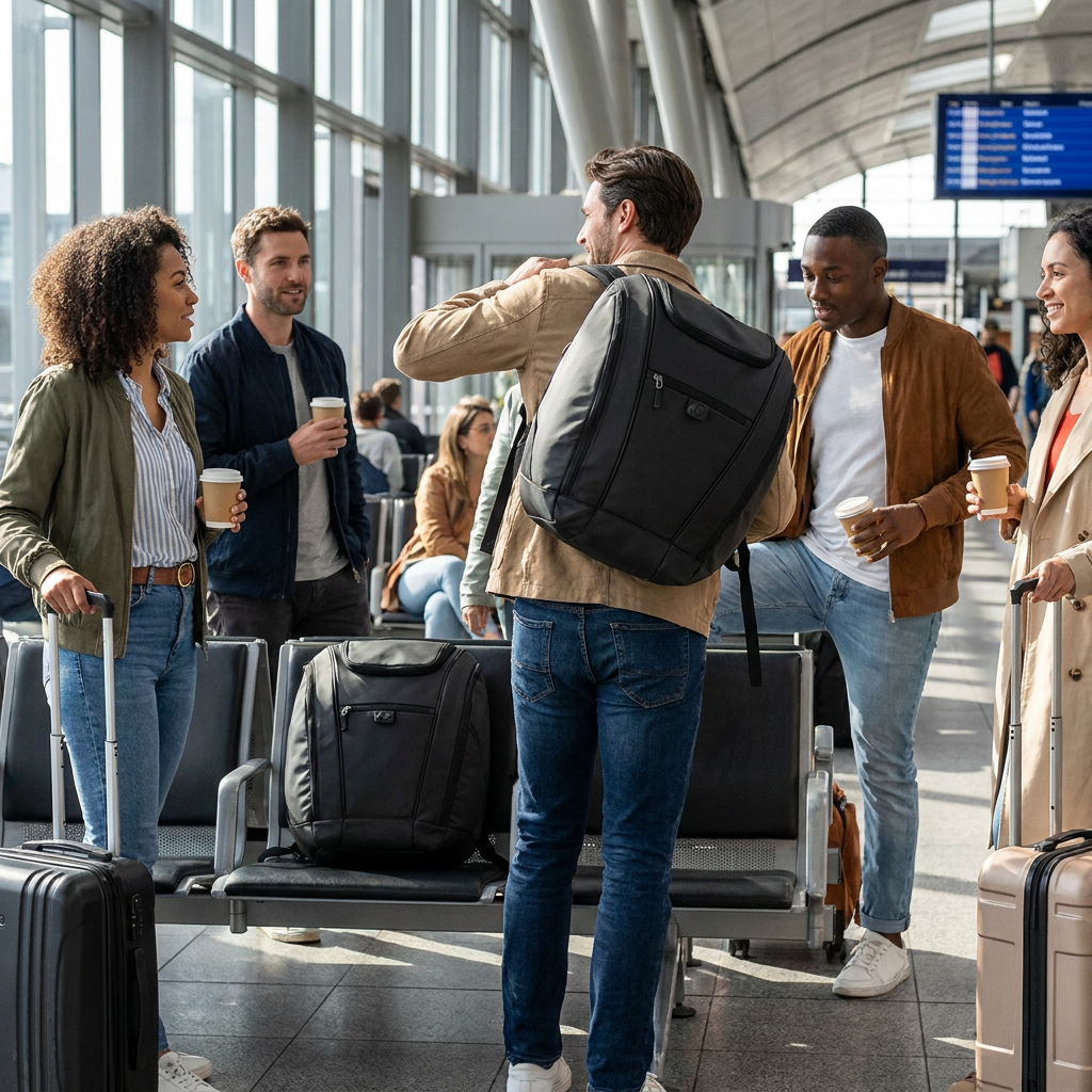 A photorealistic photo of people with Bugatti K&B Sport Panorama backpacks in a busy airport terminal.
