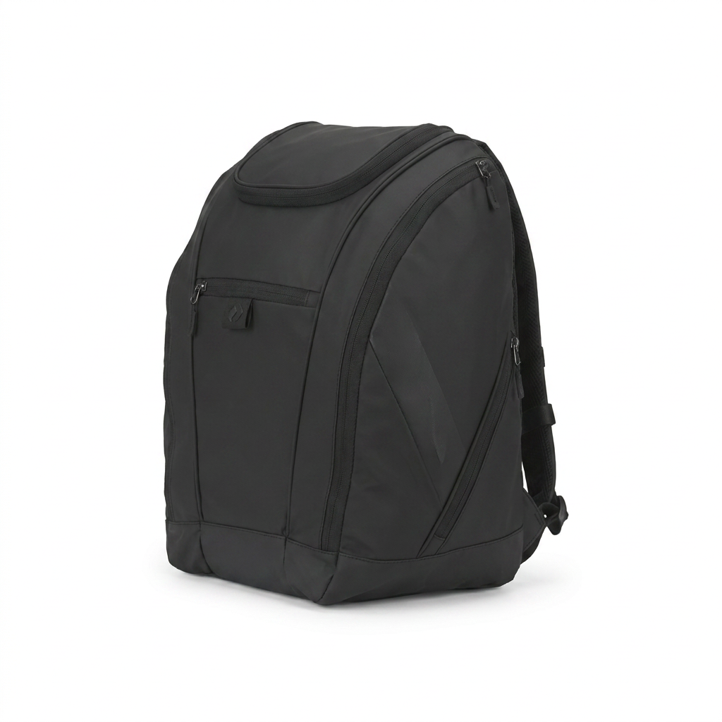 A photorealistic studio product photo of the black Bugatti K&B Sport Panorama Boot Backpack, angled to show the right side against a white background with a soft shadow.